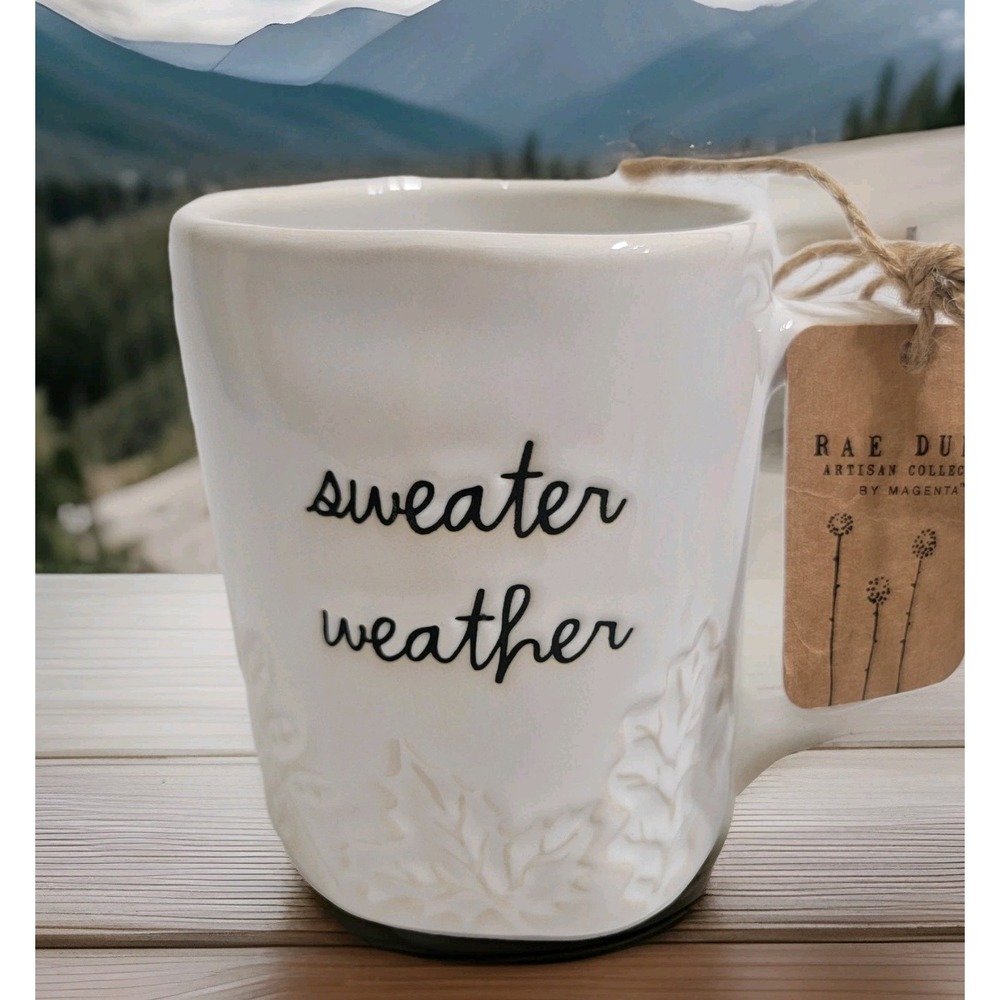 NEW 2025‎ Rae Dunn "Sweater Weather" Fall Embossed Leaves Creme Beige Coffee Mug